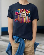 Cute Cat Gift Box Surprise T Shirt With Adorable Party Vibes - model wearing navy tee with hands in pockets
