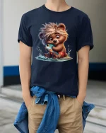 Cute Bear Hugging Fish Art T Shirt With Sweet Playful Mood - model wearing navy tee with hands in pockets