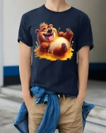 Funny Happy Bear Honey Splash Art T Shirt Sweet Playful Mood - model wearing navy tee with hands in pockets