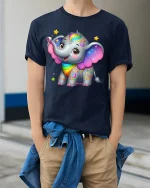 Cute Rainbow Elephant Art T Shirt With Magical Happy Vibes - model wearing navy tee with hands in pockets