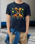 Funny Giraffes Playing Tennis Art T Shirt With Sporty Joy - model wearing navy tee with hands in pockets