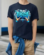 Disco Graffiti Street Art T Shirt With Urban Creative Energy - model wearing navy tee with hands in pockets