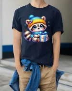 Cute Winter Raccoon Gift Art T Shirt With Cozy Holiday Joy - model wearing navy tee with hands in pockets