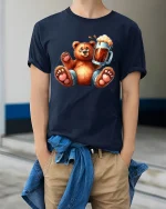 Funny Bear Holding Beer Art T Shirt With Chill Party Vibes - model wearing navy tee with hands in pockets