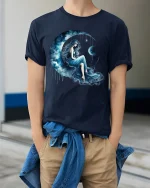 Moon Goddess Dream Art T Shirt With Celestial Night Energy - model wearing navy tee with hands in pockets