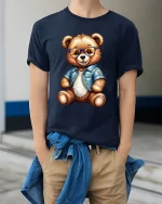 Cute Bear With Glasses Denim Jacket T Shirt Cool Style Art - model wearing navy tee with hands in pockets
