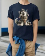 Cute Boho Wolf Cartoon Art T Shirt With Free Spirit Charm - model wearing navy tee with hands in pockets