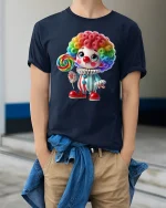 Cute Rainbow Clown Lollipop Art T Shirt Sweet Fun Vibes - model wearing navy tee with hands in pockets