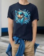 Cute Blue Baby Turtle Splash Art T Shirt With Ocean Joy - model wearing navy tee with hands in pockets