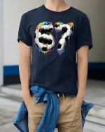 Colorful Soccer Number 67 Art T Shirt With Bold Sport Energy - model wearing navy tee with hands in pockets
