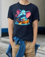 Cute Elephant Boat Adventure T Shirt With Funny Animal Joy - model wearing navy tee with hands in pockets