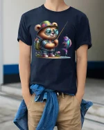 Cute Bear Fishing Adventure T Shirt With Playful Charm - model wearing navy tee with hands in pockets