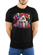 Cute Cat Gift Box Surprise T Shirt With Adorable Party Vibes - model wearing black tee with hands behind back