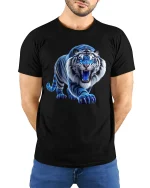 Fierce Blue Tiger Roaring Art T Shirt With Powerful Energy - model wearing black tee with hands behind back
