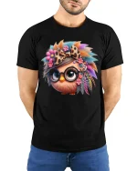 Cute Boho Owl With Glasses Art T Shirt Colorful Free Spirit - model wearing black tee with hands behind back
