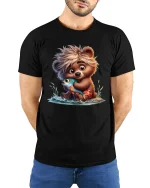 Cute Bear Hugging Fish Art T Shirt With Sweet Playful Mood - model wearing black tee with hands behind back