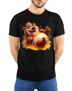 Funny Happy Bear Honey Splash Art T Shirt Sweet Playful Mood - model wearing black tee with hands behind back