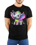 Cute Rainbow Elephant Art T Shirt With Magical Happy Vibes - model wearing black tee with hands behind back