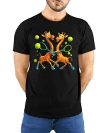 Funny Giraffes Playing Tennis Art T Shirt With Sporty Joy - model wearing black tee with hands behind back