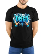Disco Graffiti Street Art T Shirt With Urban Creative Energy - model wearing black tee with hands behind back