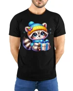 Cute Winter Raccoon Gift Art T Shirt With Cozy Holiday Joy - model wearing black tee with hands behind back