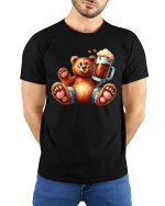 Funny Bear Holding Beer Art T Shirt With Chill Party Vibes - model wearing black tee with hands behind back