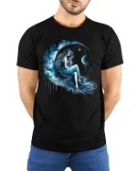 Moon Goddess Dream Art T Shirt With Celestial Night Energy - model wearing black tee with hands behind back
