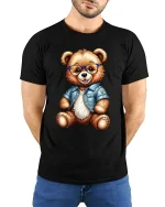 Cute Bear With Glasses Denim Jacket T Shirt Cool Style Art - model wearing black tee with hands behind back