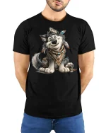 Cute Boho Wolf Cartoon Art T Shirt With Free Spirit Charm - model wearing black tee with hands behind back