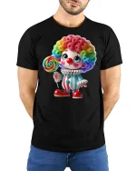 Cute Rainbow Clown Lollipop Art T Shirt Sweet Fun Vibes - model wearing black tee with hands behind back
