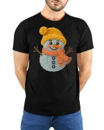 Cute Knitted Snowman Winter Art T Shirt With Cozy Joy - model wearing black tee with hands behind back