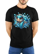 Cute Blue Baby Turtle Splash Art T Shirt With Ocean Joy - model wearing black tee with hands behind back