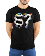 Colorful Soccer Number 67 Art T Shirt With Bold Sport Energy - model wearing black tee with hands behind back