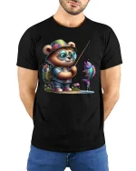 Cute Bear Fishing Adventure T Shirt With Playful Charm - model wearing black tee with hands behind back