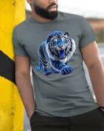 Fierce Blue Tiger Roaring Art T Shirt With Powerful Energy - model wearing grey tee, leaning on column