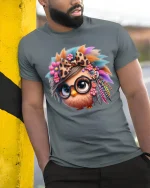 Cute Boho Owl With Glasses Art T Shirt Colorful Free Spirit - model wearing grey tee, leaning on column