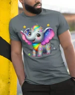 Cute Rainbow Elephant Art T Shirt With Magical Happy Vibes - model wearing grey tee, leaning on column