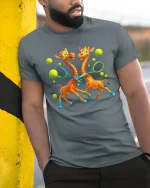Funny Giraffes Playing Tennis Art T Shirt With Sporty Joy - model wearing grey tee, leaning on column