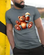 Funny Bear Holding Beer Art T Shirt With Chill Party Vibes - model wearing grey tee, leaning on column