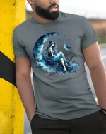 Moon Goddess Dream Art T Shirt With Celestial Night Energy - model wearing grey tee, leaning on column