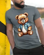 Cute Bear With Glasses Denim Jacket T Shirt Cool Style Art - model wearing grey tee, leaning on column