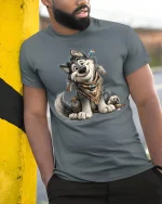 Cute Boho Wolf Cartoon Art T Shirt With Free Spirit Charm - model wearing grey tee, leaning on column