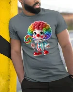 Cute Rainbow Clown Lollipop Art T Shirt Sweet Fun Vibes - model wearing grey tee, leaning on column