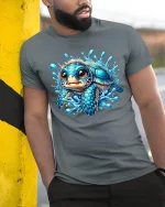 Cute Blue Baby Turtle Splash Art T Shirt With Ocean Joy - model wearing grey tee, leaning on column