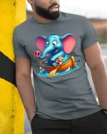 Cute Elephant Boat Adventure T Shirt With Funny Animal Joy - model wearing grey tee, leaning on column