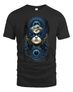 Mystic Winged Oracle Tee Celestial Eye Fantasy Graphic Art - black t-shirt on white background