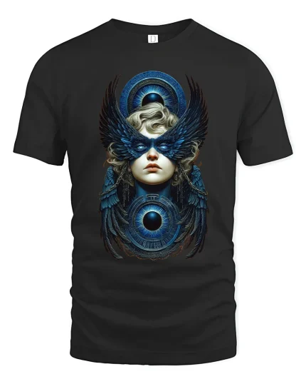 Mystic Winged Oracle Tee Celestial Eye Fantasy Graphic Art - black t-shirt on white background