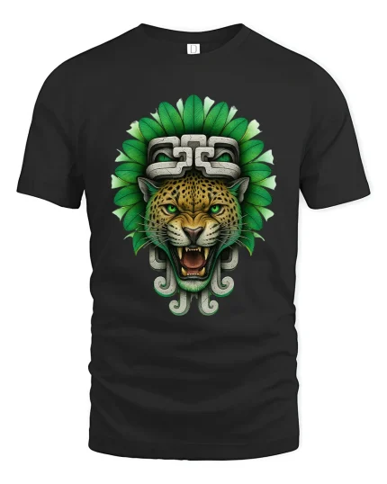 Aztec Jaguar Spirit Tee Fierce Tribal Power Fantasy Art - black t-shirt on white background