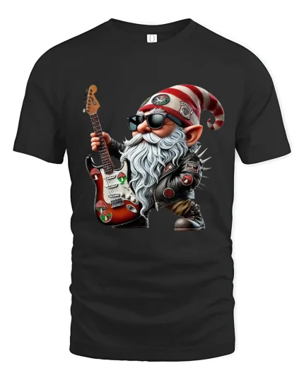 Rock Star Christmas Gnome Tee Funny Guitar Holiday Graphic Art - black t-shirt on white background