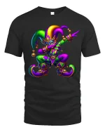 Colorful Jester Carnival Tee Playful Masquerade Art Style - black t-shirt on white background